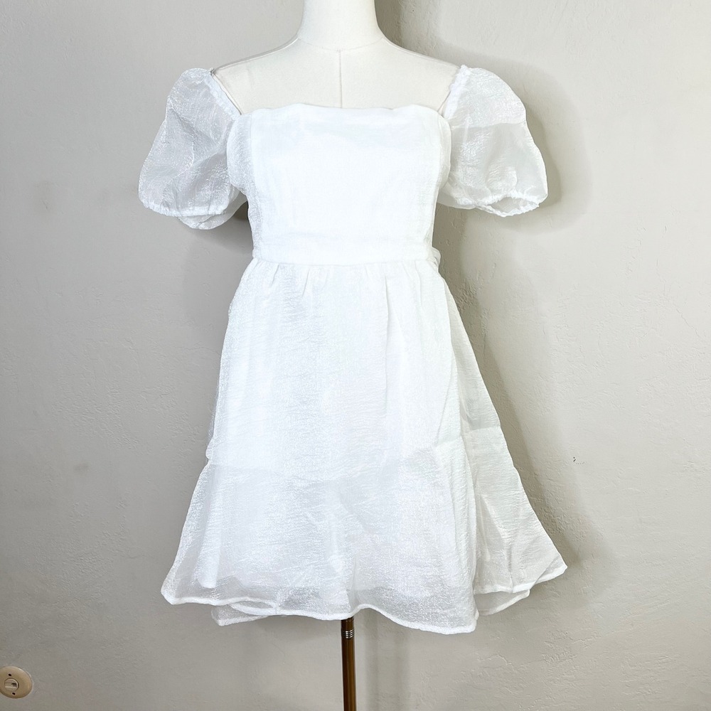 Lulus Mini Dress White Organza Puff Sleeve‎ Tie Back Smocked Babydoll XL NWT
